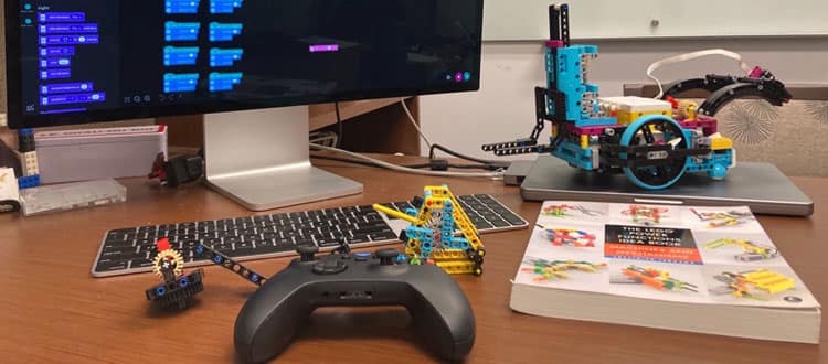 Legos and a computer on a desk